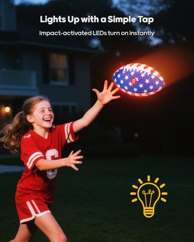 QPAU Glow in the Dark Football – Size 3 for Kids Ages 6-12, Strong Grip Light Up Night Game Ball, Backyard Camping Outdoor Toy, Pump and Batteries Included, Birthday for Boys Girls