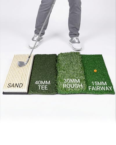 4-in-1 Golf Hitting Mat, Golf Practice Mat with Fairway, Rough, Sand & Tee Turf, Indoor Outdoor Golf Training Mat for Driving, Chipping & Putting with Golf Mat Tees
