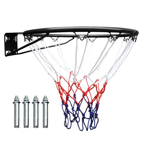18" Basketball Rim Replacement, Wall Door Mounted Basketball Rim, Heavy Duty Basketball Flex Rim Goal Replacement with Net Fits In-Ground & Wall-Mounted Basketball Hoops, Indoor/Outdoor - color: Black