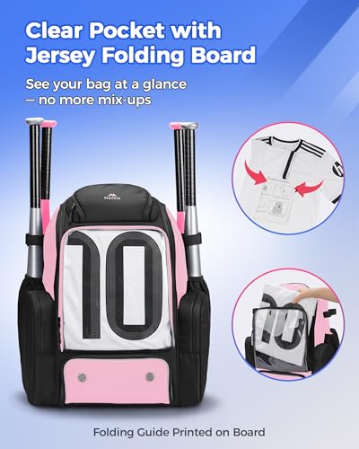 MATEIN PRO Softball Equipment Backpack with Clear Display Window & Folding Board, Large Capacity Baseball Bag with Separate Cleat Compartment & Side Cooler Pocket, Softball Gear Bag for Youth & Adult - color: Light Pink