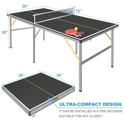 Ping Pong Table Foldable & Portable Table Tennis Table Set for Indoor & Outdoor Games with Net, 2 Paddles and 3 Balls - size: 6FT-Black