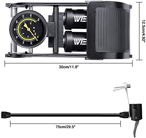 Double Barrel Pedal Pump, WEIDMAX Double Cylinder Bike Pump, Bicycle Foot Pump, Portable Bike Floor Air Pump, with Pressure Gauge and Intelligent Valve Head