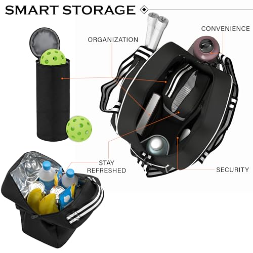 Pickleball Tote Bag - Detachable Cooler & Fence Hooks – Large Sports Bag for Women & Men, Holds Paddles & Balls - color: Black