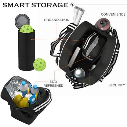 Pickleball Tote Bag - Detachable Cooler & Fence Hooks – Large Sports Bag for Women & Men, Holds Paddles & Balls - color: Black