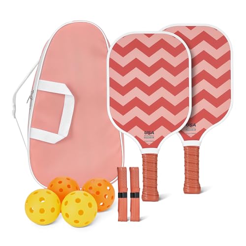Amazon Basics Pickleball Paddles Set of 2, USAPA Approved Carbon Fiber Paddle with 4 Balls, Lightweight Pickle Ball Rackets, Carry Bag & Grips - color: Pastel Zigzag