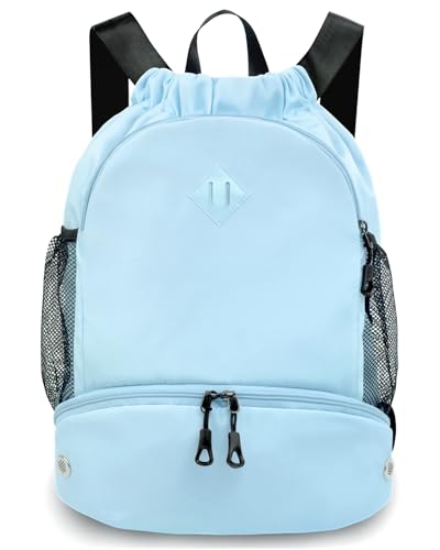 RHDZO Drawstring Backpack Gym Backpack with Shoe Compartment for Men Women String Sports Bag with Wet Pocket Cinch Swim Beach Bag, Large Blue - color: Large Blue