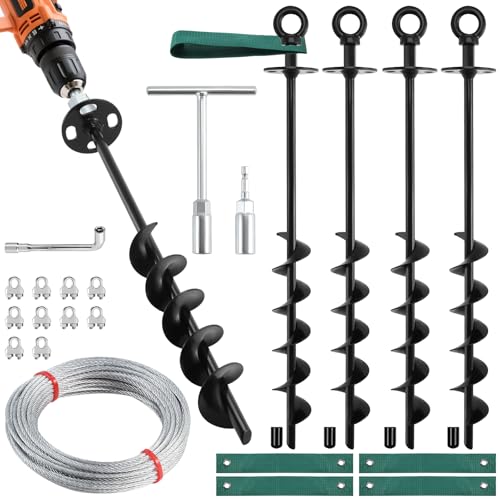 18'' Ground Anchors Screw in Heavy Duty, Shed Anchor Kit with Straps & Steel Cable & Tools, Earth Anchors for Mobile Home, Carports, Swing Set, Tree, Trampoline - Secure Against High Winds(4)