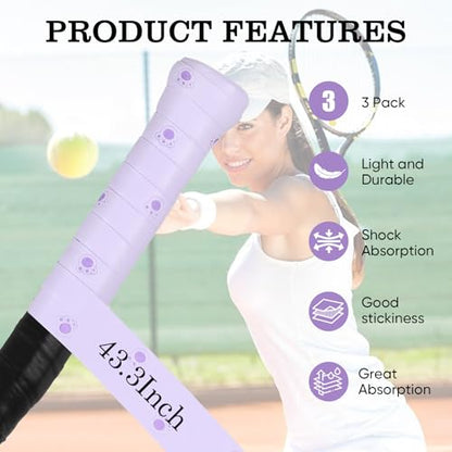 Tennis Racket Grip Tape, Ultra Thin Tacky Tennis Overgrip for Sweat Absorption & Control – Durable Anti-Slip Replacement Grip for Tennis, Badminton & Pickleball (3 Pack) - color: CAT PURPLE