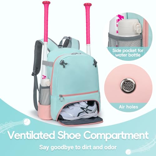 KAVIGOR 2026 Youth Baseball & Softball Bag | Ultra-Light Tball Backpack with Shoe Compartment & Helmet Holder | Skin-Soft Fabric - color: Light Green