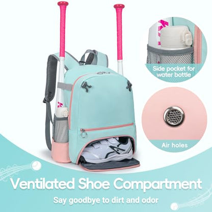 KAVIGOR 2026 Youth Baseball & Softball Bag | Ultra-Light Tball Backpack with Shoe Compartment & Helmet Holder | Skin-Soft Fabric - color: Light Green