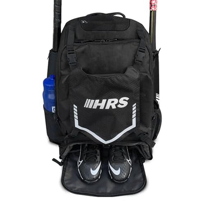 Hit Run Steal Large Baseball/Softball Bat Bag Backpack, Black - 4-Bat Capacity, Helmet and Glove Space, Vented Shoe Pocket, Padded Straps, Bottle Holder, Fence Hook