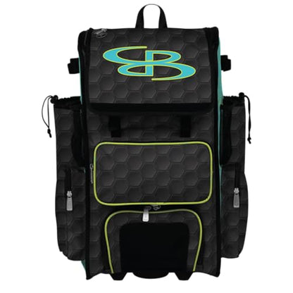 Boombah Rolling Superpack 2.0 3DHC Baseball/Softball Gear Bag - 23-1/2" x 13-1/2" x 9-1/2" - Multiple Colors - Telescopic Handle and Holds 4 Bats - Wheeled Version - color: Black/Aqua/Twitch