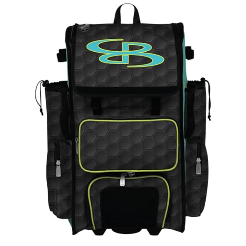 Boombah Rolling Superpack 2.0 3DHC Baseball/Softball Gear Bag - 23-1/2" x 13-1/2" x 9-1/2" - Multiple Colors - Telescopic Handle and Holds 4 Bats - Wheeled Version - color: Black/Aqua/Twitch