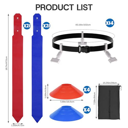 14 Player Flag Football Belts Adjustable Football Set with 42 Flags 8 Cones and 1 Bag for Youth Adults Kids Training