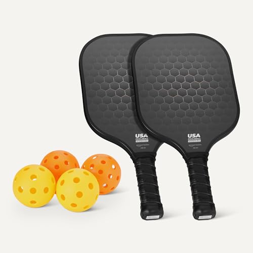 Amazon Basics Pickleball Paddles Set of 2, USAPA Approved Carbon Fiber Paddle with 4 Balls, Lightweight Pickle Ball Rackets, Carry Bag & Grips - color: Black