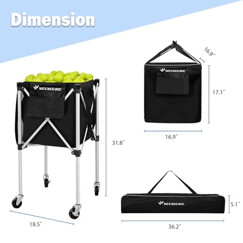 Sturdy Pickleball Tennis Ball Hopper - Foldable Lightweight Tennis Cart Holds 240 Tennis/180 Pickleballs with Removable Bag, Wheels, Side Pocket for Training/Teaching