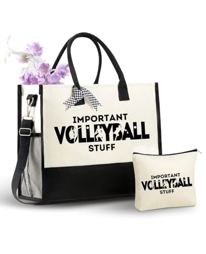 InnoBeta Volleyball Gifts Canvas Tote Bag with Top Zipper Closure for Volleyball Lovers Players, Teens Girls Team on Senior Night, Birthday, Christmas-Stuff