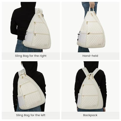Women's Pickleball Backpack - Quilted Crossbody Sling Bag for Tennis & Pickleball Paddle - color: Beige, size: Medium