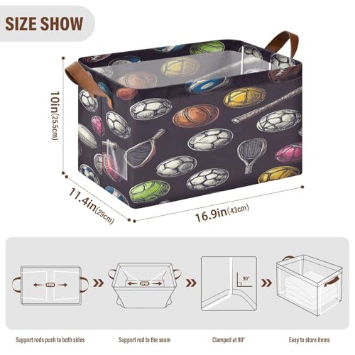 Ollabaky Collapsible Rectangular Closet Storage Bin Sports Rugby Football Soccer Baseball Basketball Tennis Hockey Puck Bowling Volleyball Shelf Basket Box with Leather Handles - Storage Cube, Nursery