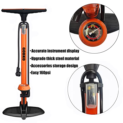 GOBKO Bike Pump with Gauge,Bicycle Floor Pump for Presta and Schrader Valves Bike Tire Pumps Inflator High Pressure 160PSI & 11BAR Portable Air Pump for Road Bike Car MTB Sports Balls