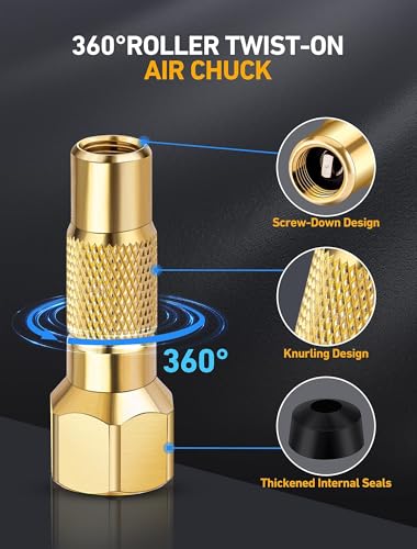 LUMITECO 2-Pack Heavy Duty Air Chuck Set,Screw On Tire Inflator Nozzle & Closed Ball Tire Chuck with 1/4" NPT Standard Quick Plug, Tire Air Chuck w/Presta Valve & Air Pump Ball Needle Set
