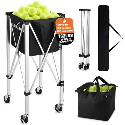 Pickleball Tennis Ball Hopper-Foldable Lightweight Tennis Cart Holds 180 Tennis/160 Pickleballs with Removable Bag,Wheels,Side Pocket for Training/Teaching, for Tennis/Pickleball/Baseball/Softball