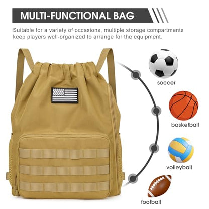 G4Free Drawstring Backpack Gym Backpack Soccer Basketball Bag with Shoes Compartment Tactical Water-Resistant String Sports Bag for Men Women(Tan) - color: Tan