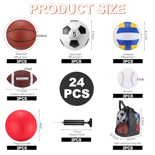 Leyndo 18 Pcs Sport Balls Bulk Set Basketball Football Volleyball Soccer Playground Baseball with Sport Equipment Bag Pump for Adults Gifts Outdoor Indoor