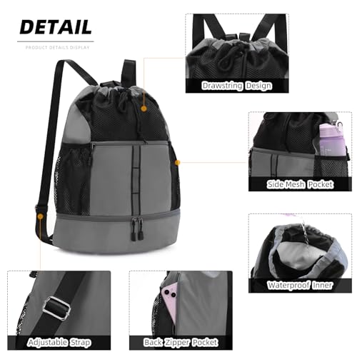 Valleycomfy Drawstring Gym Bag Sports Backpack With Shoe Compartment and Reflective Strips Grey - color: Grey08