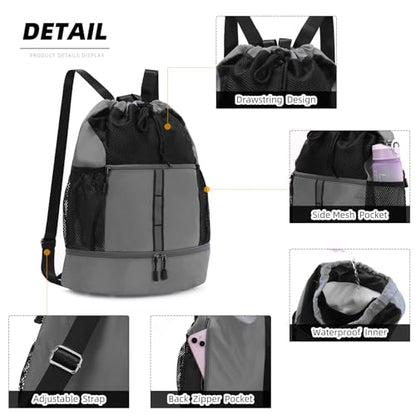 Valleycomfy Drawstring Gym Bag Sports Backpack With Shoe Compartment and Reflective Strips Grey - color: Grey08