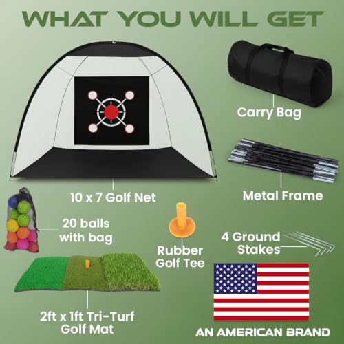 Golf Net for Backyard 10x7ft with 20 Foam Balls Set & Tri-Mat, Heavy Duty Golf Hitting Net Indoor Outdoor with Target, Home Training Equipment for Driving Chipping Swing Practice