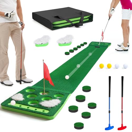 Golf Putting Game Set, Detachable Golf Putting Green Mat with 4 Balls, 2 Cups & Flags, 1 Portable Bag for Indoor & Outdoor Party Game Use - color: Green with putter