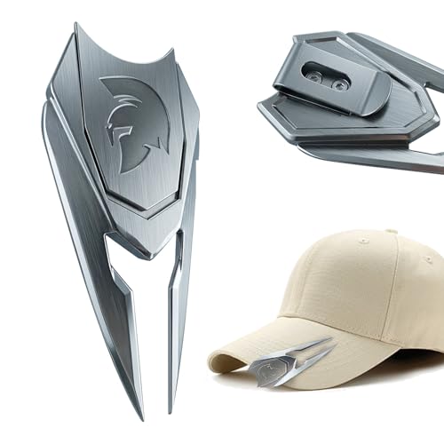 Golf Divot Repair Tool with Belt Clip & Magnetic Ball Marker | Spartan Helmet Design | Solid Metal Non-Foldable Golf Gift for Men | Silver, Black