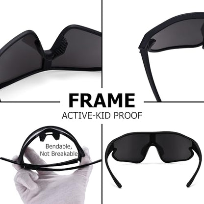 Kids Baseball Sunglasses - Youth Baseball Sunglasses for Boys Girls - Sports Softball Shades Age 6-14 - color: B4 Black / Silver Mirror