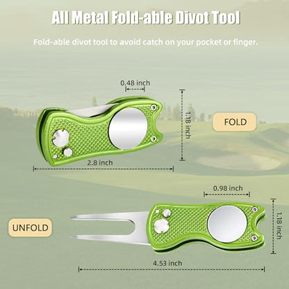Mile High Life Golf Divot Repair Tool, All Metal Foldable Divot Tool with Pop-up Button & Magnetic Ball Marker, 2-6 Pack - color: Lime Green Fish