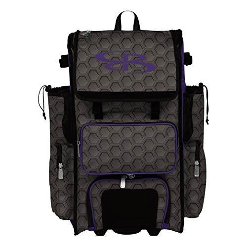 Boombah Rolling Superpack 2.0 3DHC Baseball/Softball Gear Bag - 23-1/2" x 13-1/2" x 9-1/2" - Multiple Colors - Telescopic Handle and Holds 4 Bats - Wheeled Version - color: Dark Charcoal/Purple
