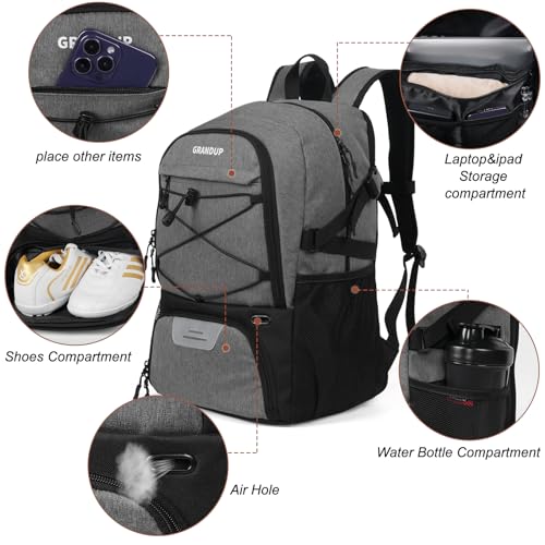GRANDUP Basketball backpack with ball and shoes compartment Fit Volleyball, soccer, Swim, Gym, Travel, and School, large capacity sports training equipment bags - color: Grey tow ton
