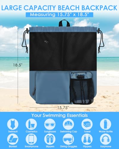BROTOU Swim Bag Beach Backpack with Wet Pocket Mesh Drawstring Bags for Swimming, Gym - color: Navy Blue