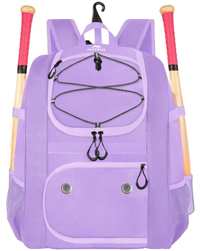 MATEIN Softball Bag, Lightweight Baseball Backpack with Shoe Compartment, Baseball Bag with Fence Hook for TBall Bat & Equipment, Softball Gifts Catchers Backpack for Women Fit Catcher’s Mitt, Helmet - color: Purple - Large