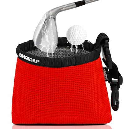 Golf Club and Golf Ball Cleaning Bag - Cleans Club Grooves, Waterproof Clean Face Tech, Detachable Clip, Machine Washable, Stay-Dry Exterior,Gift for Men (1, RED) - color: Red