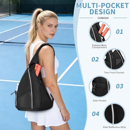 Pickleball Bag for Women and Men, Adjustable Pickle Ball Backpack, 2 in 1 Sports Sling Bag for Pickleball Paddles - color: Black