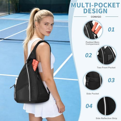 Pickleball Bag for Women and Men, Adjustable Pickle Ball Backpack, 2 in 1 Sports Sling Bag for Pickleball Paddles - color: Black