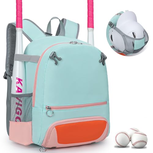 KAVIGOR 2026 Youth Baseball & Softball Bag | Ultra-Light Tball Backpack with Shoe Compartment & Helmet Holder | Skin-Soft Fabric - color: Light Green