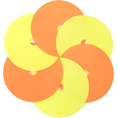 Crown Sporting Goods 6" Non-Skid Floor Spot Markers: Set of 50 Agility Training Flat Field Cones in Fluorescent Yellow & Orange with Metal Carrying Stand