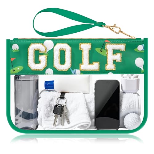 BuyCard Golf Gifts Makeup Bag with Chenille Letter Patch, Clear Cosmetic Pouch PVC Organizer Purse, Waterproof Travel Bag, Portable Toiletry Storage Bag for Her Friends - color: Green-Golf