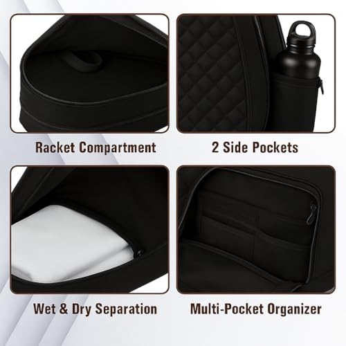 Tennis Bag – Large Capacity Racket Bag for Tennis, Pickleball & Badminton – Water-Resistant & Lightweight - color: BLACK