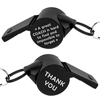 4 Pack Stainless Steel Lanyard Whistle Gift for Coach With A Word "A Great Coach is Hard to Find and Impossible to Forget,Thank You Coach Gift"，Loud Crisp Sound Whistles With 4 Gift Box. (Black)