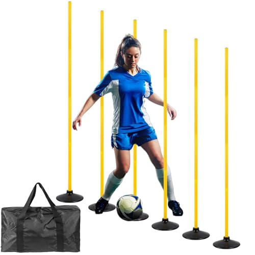6 Pcs 5 FT Adjustable Agility Training Poles for Soccer,Basketball,Football, Horse,Dog-Speed and Agility Training Equipment Sports Training Poles with Rubber Bases and Bag - color: yellow