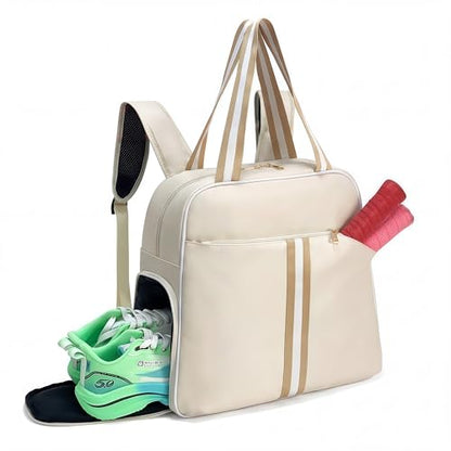 Pickleball Bag for Women Men, Large Pickleball Backpack with Shoe Compartment, Pickle Ball Bag with Paddle Cover Pocket Holds 2 Paddles - color: Ivory