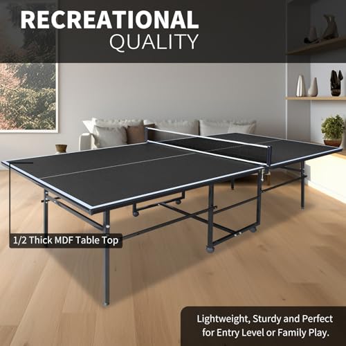 IUNNDS Portable Table Tennis Table 6/8/8.5/9FT Foldable Ping Pong Game Set for Indoor with Net and Post Set, 2 Paddles and 3 Balls - color: Black-9x4.1FT
